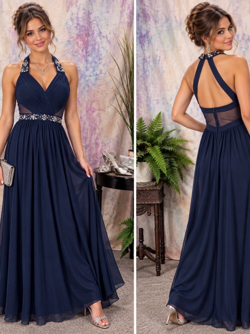 📌City Studio Jeweled Halter Sheer Mesh Panels Prom - Military Event Formal Gown